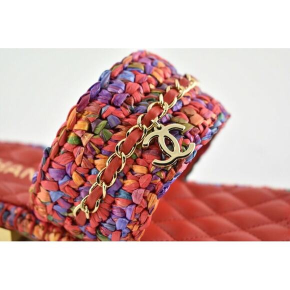 Chanel 20S Red Blue Purple Raffia Tweed CC Logo Mule Slide Strap Flat Sandal 36 - Picture 4 of 12